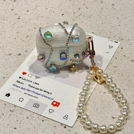 CUTECASEハンドメイド Airpods4ケース ダイヤ/ジュエリーデコ Airpods3/Pro2ケース airpodspro2カバー パールストラップ付 女子力高い 華やか 上品CM5192