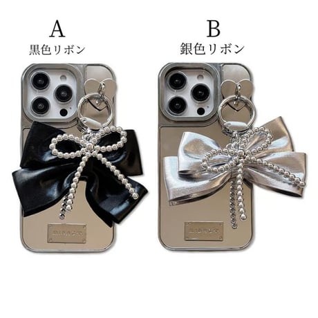 CUTECASEリボンチャーム iPhone16pro/16ケース 鏡 iPhone15/14pro/13promaxカバー 女子力高い おしゃれ シック CM5131