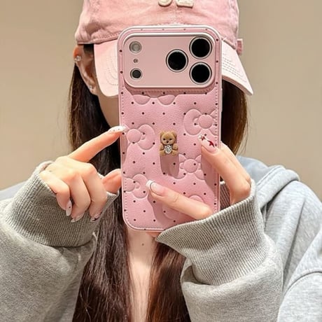 CUTECASE 熊デコ iPhone17/17Proケース リボン 皮っぽ iPhone17promax/16Pro/15ケース カメラカバー付 大人可愛い CM5911