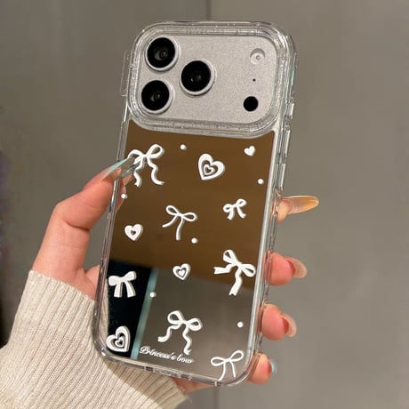CUTECASE リボン/ハート柄 ミラー iPhone17Pro/17ケース キラキララメ iPhone17Promax/16Pro/15ケース メイク直しに便利CM6241