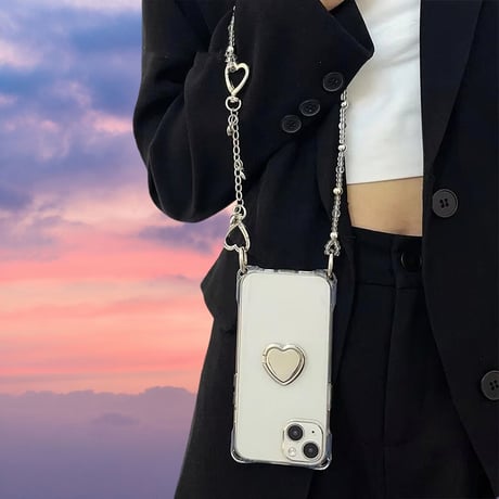CUTECASEハート鏡リング付 iPhone16pro/16ケース 高級感ショルダーチェーン クリアiPhone15promax/14/13カバー 多機能 スタンド付 黄ばまないCM5041