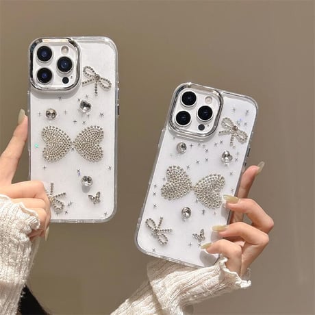 CUTECASEダイヤリボン iPhone16pro/16ケース 透明 キラキラ iPhone15plus/14/13pro/12カバー 大人可愛い ハンドメイドCM5459