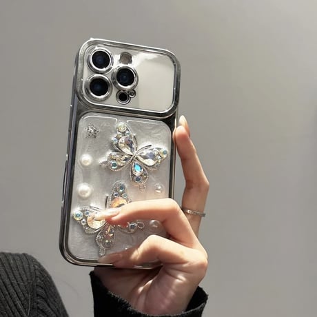 CUTECASE iPhone17Promaxケースダイヤ蝶 パール iPhone17/16Pro/15Proケース 豪華 オシャレ キラキラ感 CM6294