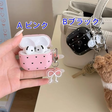 CUTECASEハート柄 Airpods 4ケース リボンキーホルダーとリング付 Airpods3/Pro2ケース airpodsproカバー 可愛い 女子力高いCM5093