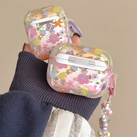 CUTECASE 花柄 Airpods Pro3ケース Flowersストラップ Airpods4/3カバー pro2/pro1 リング うねうね 大人可愛いCM6156