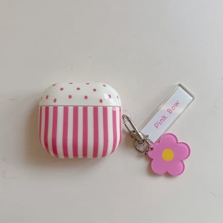 CUTECASE 韓国っぽ Airpods Pro3ケース ストライプ柄 Airpods4/3カバー pro2/Pro1ケース 可愛い リング/花キーホルダー 光沢感CM6162
