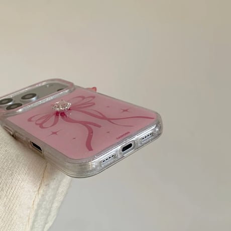 CUTECASE ピンクハートダイヤ iPhone17Pro/17ケース リボン柄 iPhone17Promax/16Pro/15ケース キラキラ かわいいCM6141