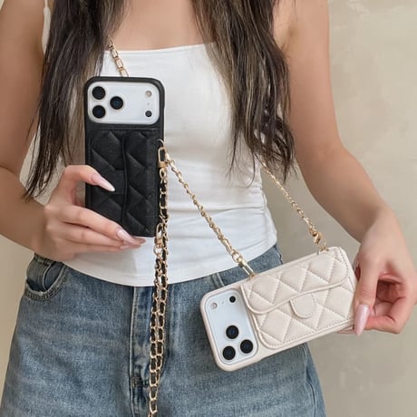 CUTECASE カード入れ付き iPhone17/17Proケース キルティングレザー ショルダーチェーン iPhone17ProMax/Airケース 高級感 セレブ愛用 高品質CM5729