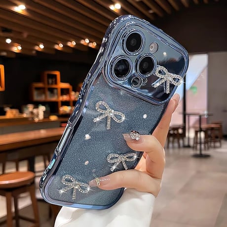 CUTECASEダイヤリボン iPhone16/16Proケース うねうねライン ラメ iPhone15pro/14/13Promaxカバー 綺麗 艶感CM5515
