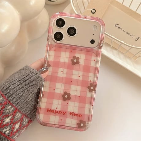 CUTECASE 韓国風 花柄 iPhone17pro/17カバー ピンク チェック柄 iPhone16/15pro/14ケース 可愛いストラップ ガールズに人気CM6165