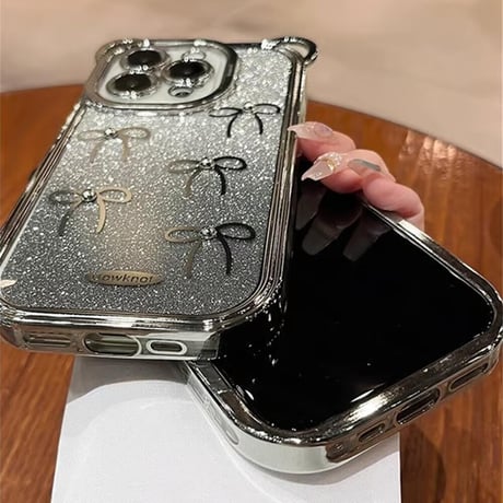 CUTECASE耳付 リボン柄 iPhone15Pro/15カバー キラキラインナーシート付 透明アイフォン14pro/13ケース チェーン付CM4422