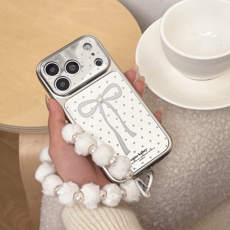 CUTECASE リボン柄ミラー iPhone17pro/17ケース パールデコ 水玉模様 iPhone16/15proケース 可愛い毛玉ストラップ 女子力高いCM6055
