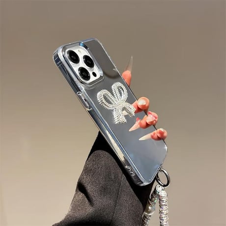 CUTECASEミラー iPhone16e/16proケース ジュエリーリボン iPhone15pro/14/SEカバー 可愛いパールストラップ 高級感CM5220