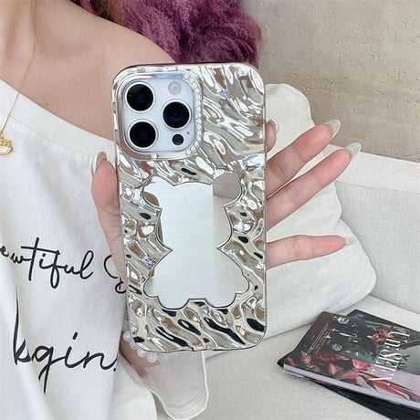 CUTECASE熊ミラー iPhone16pro/16カバー 艶感 iPhone15promax/14/13ケース ストーン シック おしゃれ CM5497