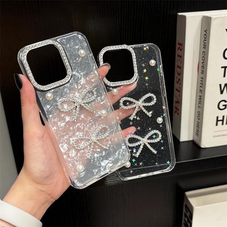 CUTECASE リボン/パールデコ iPhone16pro/17ケース ジュエリーカメラ枠 iPhone15/14promax/13 シェル調/ラメ星CM5646