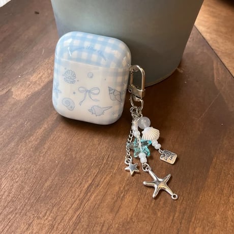 CUTECASE ブルーリボン柄 Airpods Pro3ケース 貝殻キーホルダー Airpods 4/3カバー AirpodsPro2/1 大人可愛いCM6297