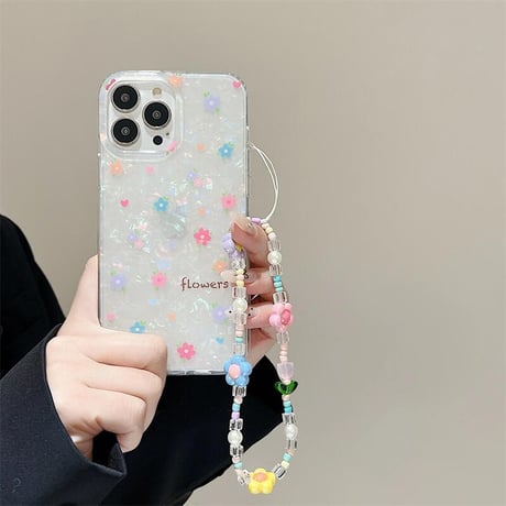 CUTECASE春におすすめ iPhone16pro/16ケース 花柄 シェル風 iphone15pro/14/13proカバー 花ストラップ 可愛い 淡色系CM5130