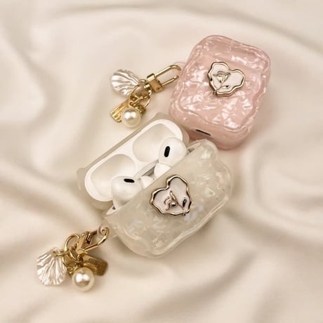 CUTECASE シェル柄 Airpods Pro3ケース 薔薇 Airpods4/3カバー pro2/Pro1ケース 可愛いパールキーホルダー 光沢感CM6086
