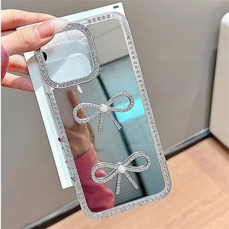 CUTECASEパール/ジュエリーリボン iPhone16/16Proケース 鏡付き iPhone15plus/14pro/13カバー おしゃれ 女子力高い めっちゃ可愛いCM5334