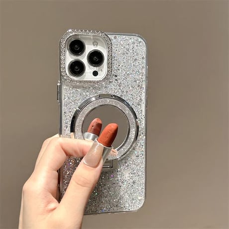 CUTECASEミラースタンド付 iPhone17/16proケース ジュエリー/ラメ入り iPhone15pro/14/SEカバー ダイヤストラップ 高級感CM5576