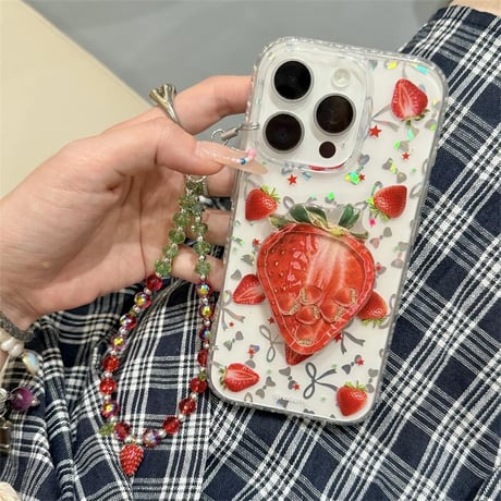 CUTECASE動くイチゴ iPhone16/16proケース かわいい ストラップ iPhone15pro/14/13proカバー めっちゃ可愛い 人気CM5323