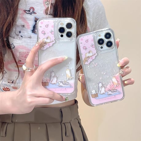 CUTECASE お花見猫 iPhone15/15proケース 動くグリッター入り iPhone14/13pro/12クリアケース ピンク 綺麗CM4412