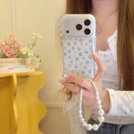 CUTECASE キラキラ花 iPhone17pro/17ケース ラメ入り iPhone16/15proケース 可愛いパールストラップ 女子力高いCM6160