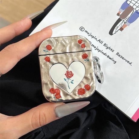 CUTECASEAirpods 4ケース ハート鏡 薔薇柄 Airpods3/Pro2ケース airpodspro2カバー シルバー 女子力高い リング付CM5211
