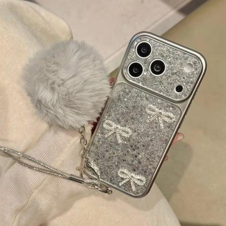 CUTECASE ジュエリーリボン iPhone17/17Proケース キラキラグリッター iPhone16ProMax/15Pro/14カバー 毛玉ストラップ 大人可愛い CM5881