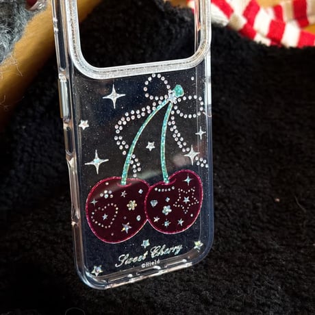 CUTECASE ダイヤデコサクランボ iPhone17pro/17ケース キラキラ感 iPhone16/15proケース 可愛いストラップ 女子力高いCM6040