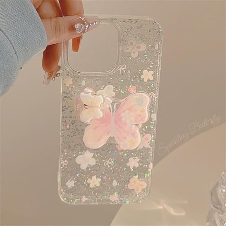CUTECASE 蝶グリップ iPhone16pro/16ケース グリッター入り iPhone15promax/14pro/13/12カバー スタンド付 人気アイテムCM5270