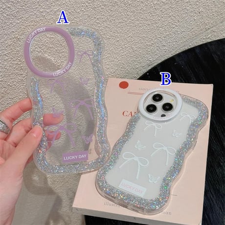 CUTECASEうねうね iPhone15/15proケース リボン柄 ラメ入り iPhone14pro/13/12カバー 女子力高い 落下防止 CM4535