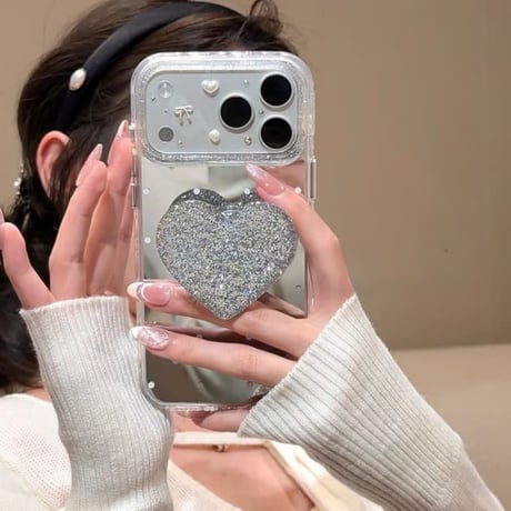 CUTECASE水玉模様ミラー iPhone17pro/17ケース ラメ入りハートグリップ iPhone16/15pro/14ケース 女子力高いCM6118