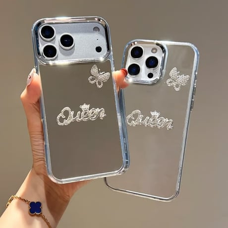 CUTECASE Queen ミラー iPhone17Pro/17ケース ジュエリー蝶デコ iPhone17ProMax/16Pro/15カバー オシャレ メイク直しに便利 CM5826