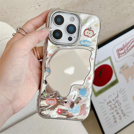 CUTECASE 犬ちゃんミラー iPhone16pro/16ケース シルバー iPhone15pro/14/13promaxカバー 大人可愛い メイク直し鏡CM5522