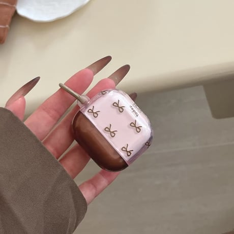 CUTECASE 韓国風 AirpodsPro3ケース リボン柄 エアポッズ4/3 AirpodsPro2/Proカバー リング/熊キーホルダー ギフトにおすすめ CM5810