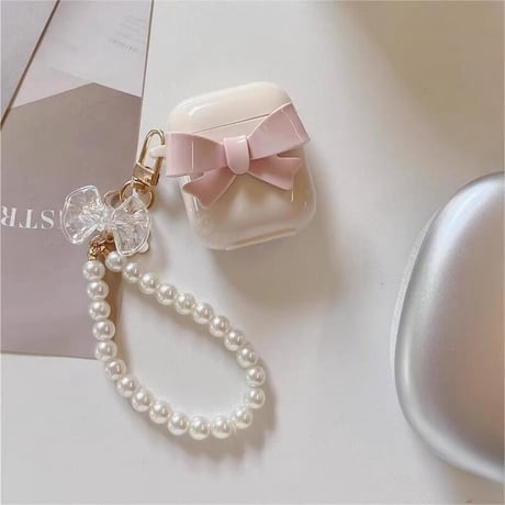 CUTECASE淡色系 Airpods 4ケース リボン ベージュ色 Airpods3/2カバー Airpodspro2/pro パールストラップ付 めっちゃ可愛いCM5033