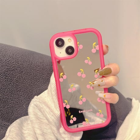 CUTECASE チェリーミラーiPhone15/15proケース ストラップ付 iPhone14/13pro/12ケース レンズフイルム付 丈夫C6024