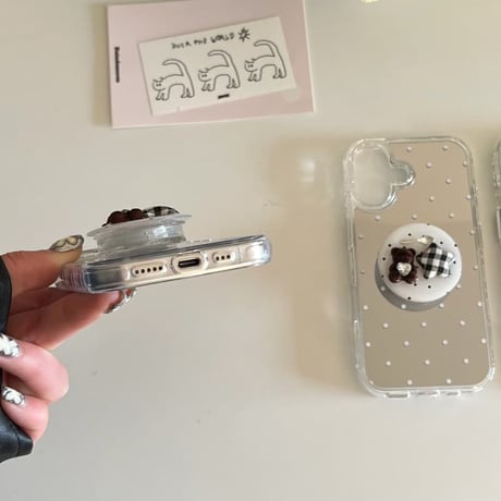 CUTECASE水玉模様ミラー iPhone17pro/17ケース 熊グリップ iPhone16/15promax/14ケース かわいい 多機能便利CM6352