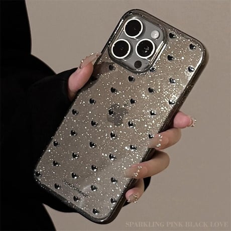 CUTECASE ブラックハート柄 iPhone16pro/16カバー キラキララメ iPhone15promax/14/13ケース 透明 シック おしゃれ CM5463