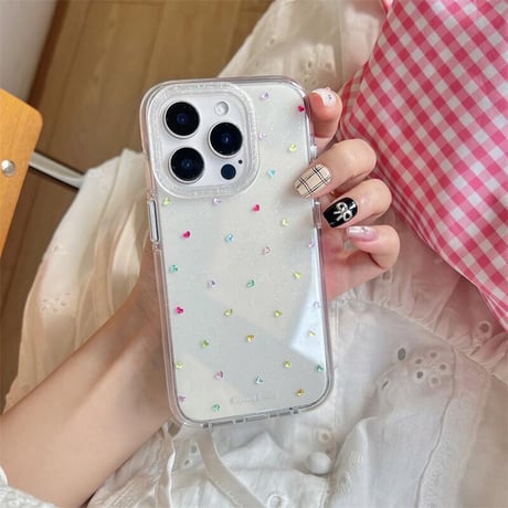 CUTECASE カラーハートデコ iPhone16/16Promaxケース キラキラララメ iPhone15promax/14/13カバー クリスタルストラップ 黄ばまないCM5542