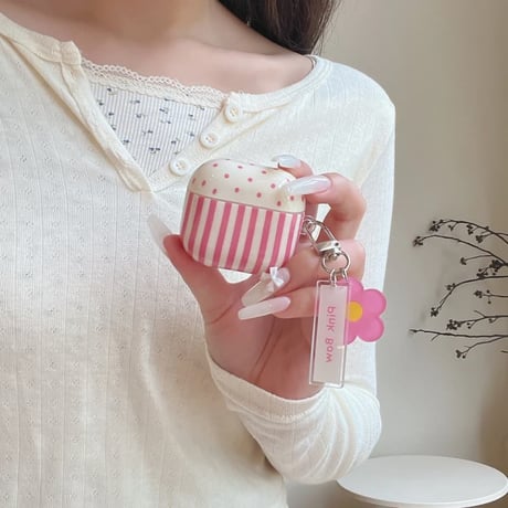 CUTECASE 韓国っぽ Airpods Pro3ケース ストライプ柄 Airpods4/3カバー pro2/Pro1ケース 可愛い リング/花キーホルダー 光沢感CM6162