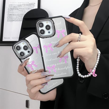 CUTECASEリボン柄 鏡iPhone15pro/15romaxカバー パールストラップ付 アイフォン14pro/13/12proケース 流行る 女子力高いCM4415