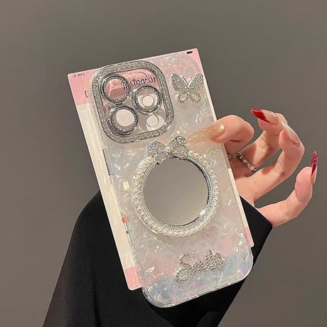 CUTECASEおしゃれ アイフォン16/16proケース ジュエリーリボンミラー 蝶 iPhone15pro/14/13proカバー シェル風 キラキラハートストラップ CM5455