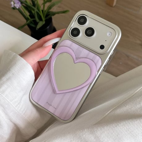 CUTECASE ハートミラー iPhone17Pro/17ケース ストライプ柄 iPhone16Pro/15/14ケース 淡色系 ガーリーファッションCM6264