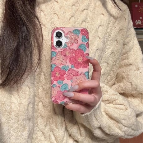 CUTECASEラメ花柄 iphone16/16proケース おしゃれ ピンク iphone15pro/14/13proケース 可愛い 女子力高い CM5023