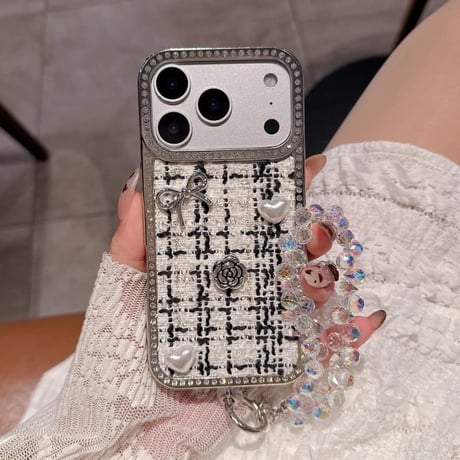 CUTECASEツイード生地 iPhone17Promaxケースジュエリーライン リボン/パール iPhone17pro/15/14カバー キラキラストラップ付 CM5830