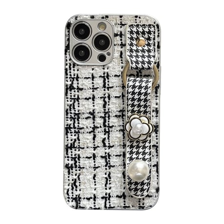 CUTECASEファッションクラシックなデザイン千鳥格子カメリアリストバンドiPhone15Promax電話ケースC5066