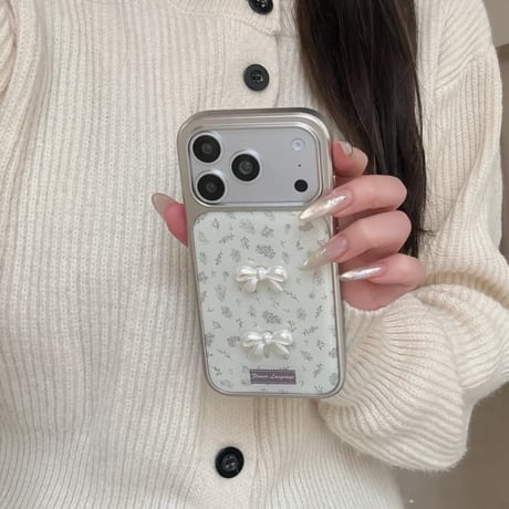 CUTECASE 淡色系 iPhone17Pro/17ケース リボンデコ 草花柄 iPhone17ProMax/16Pro/15カバー キュート ガーリーファッション 韓国っぽCM6083