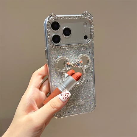 CUTECASE ジュエリーミラー iPhone17Pro/17ケース キラキララメ iPhoneAir/17ProMax/16Pro/15カバー 耳とリボン付き 可愛すぎ CM574